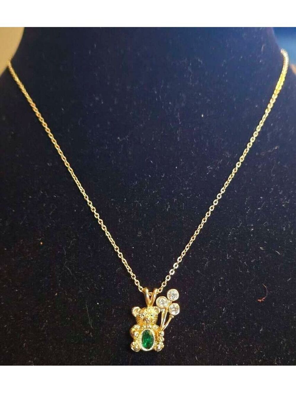 DM 99 Teddy Bear with Balloons Necklace 15" Gold Tone Green Crystal